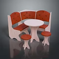 Simple Dining Table Set With Wooden Frame Red Cushioned Seats Round White Tabletop And Stool 3d model