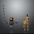 Character In Armor With Blue And Yellow Striped Spear Standing Next To Brown Horse
