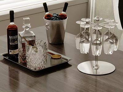 Wine Bottles and Glasses Arranged on Wooden Table with Tray Ice Bucket and Glass Rack 3d model