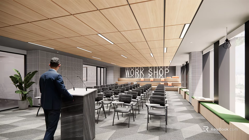Modern Conference Room With Wooden Ceiling Linear Lights Podium Work Shop Sign And Arranged Chairs 3d model 