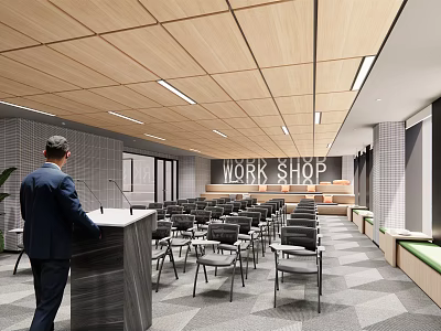 Modern Conference Room With Wooden Ceiling Linear Lights Podium Work Shop Sign And Arranged Chairs 3d model