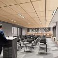 Modern Conference Room With Wooden Ceiling Linear Lights Podium Work Shop Sign And Arranged Chairs