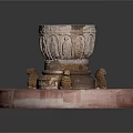 Detailed Hand Carved Sculpture With Circular Mosaic Base And Ornate Decorative Vessel