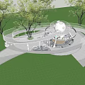 Modern Playground Equipment With Circular Walkway And Spherical Structure On Green Lawn And Trees