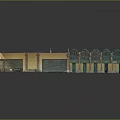Cartoon Scene Building Facade With Arched Doors Yellow Walls Green Windows And Decorative Tops