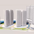 Modern High Rise Office Buildings With Green Spaces And Water Features In Urban Layout