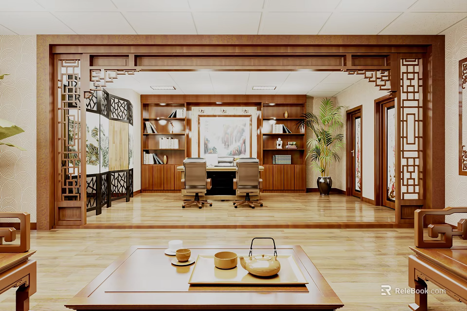 Traditional Chinese Study Room Interior With Wooden Furniture 3d model 
