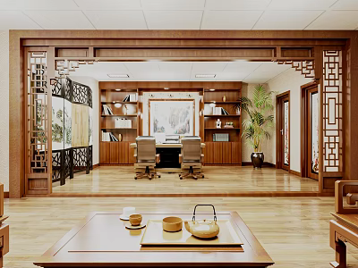 Traditional Chinese Study Room Interior With Wooden Furniture 3d model