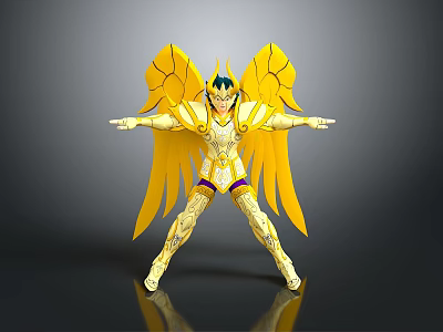Golden Armored Winged Figure With Yellow Wings And Posed Stance On Reflective Base 3d model