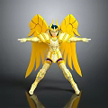 Golden Armored Winged Figure With Yellow Wings And Posed Stance On Reflective Base