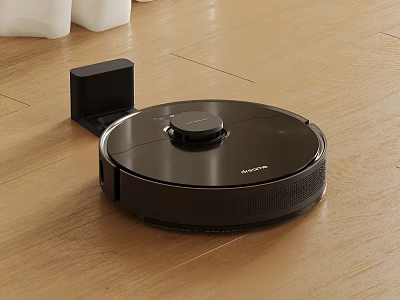Smart Black Robotic Vacuum Cleaner With Charging Dock On Wooden Floor 3d model