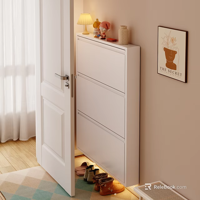 White Modern Shoe Cabinet With Open Door Shoes Inside And Wall Art Decor 3d model 