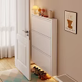 White Modern Shoe Cabinet With Open Door Shoes Inside And Wall Art Decor