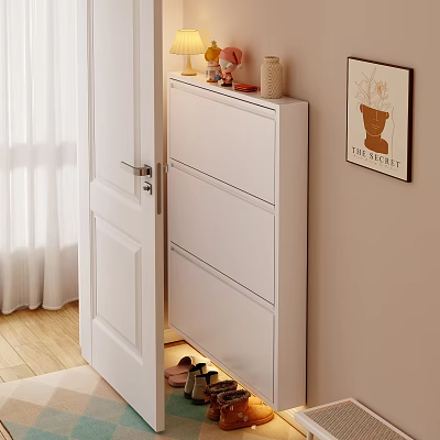 White Modern Shoe Cabinet With Open Door Shoes Inside And Wall Art Decor 3d model