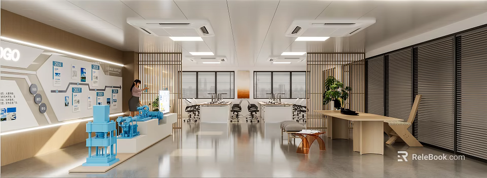 Modern Public Office Space With Open Layout Desks Chairs Green Plants And Natural Lighting 3d model 