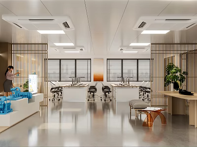 Modern Public Office Space With Open Layout Desks Chairs Green Plants And Natural Lighting 3d model