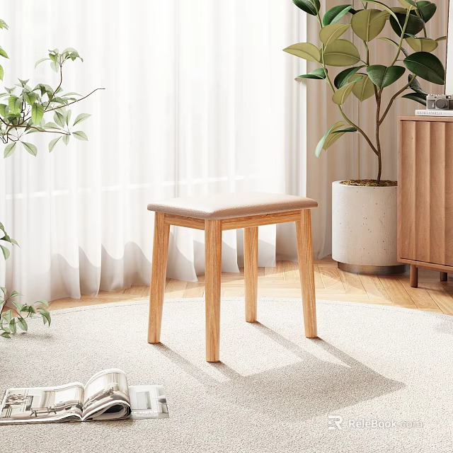 Wooden Stool With Beige Cushion On Rug In Room With White Curtains And Potted Plant 3d model 