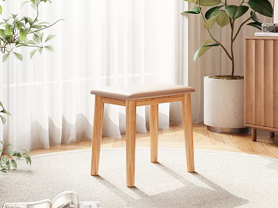 Wooden Stool With Beige Cushion On Rug In Room With White Curtains And Potted Plant 3d model