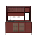 Maroon Sideboard With Glass Shelves Lattice Doors Drawers Marble Countertop And Metal Legs