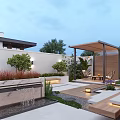 Modern Courtyard Garden With Wooden Pergola Outdoor Furniture And Green Plants
