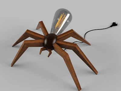 Spider Shaped Unique Table Lamp with Wooden Legs Transparent Bulb and Filament 3d model
