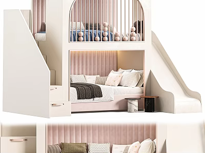 Kids Bunk Bed With Slide Staircase And Soft Upholstered Pink Headboard Design 3d model