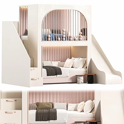 Kids Bunk Bed With Slide Staircase And Soft Upholstered Pink Headboard Design 3d model