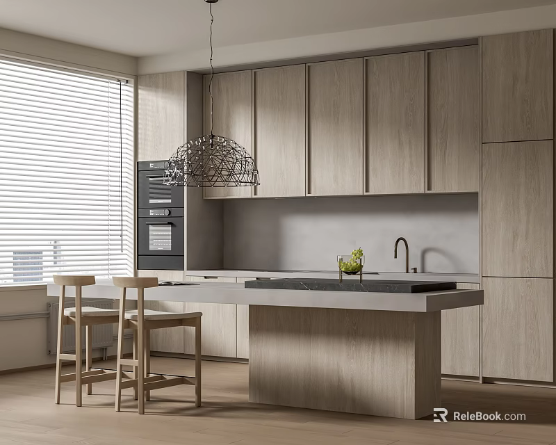 Modern Restaurant Kitchen With Open Design Light Wood Cabinets Island Pendant Light And Bar Stools 3d model 