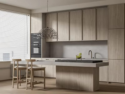 Modern Restaurant Kitchen With Open Design Light Wood Cabinets Island Pendant Light And Bar Stools 3d model