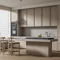 Modern Restaurant Kitchen With Open Design Light Wood Cabinets Island Pendant Light And Bar Stools