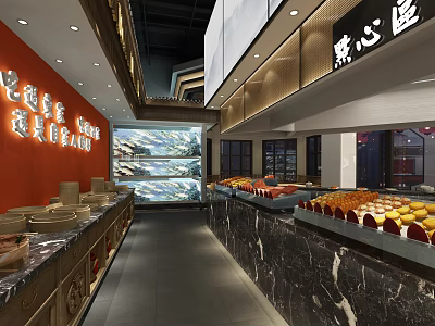 Spacious Restaurant Interior With Red Wall Marble Counters And Fresh Food Displays 3d model