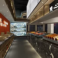 Spacious Restaurant Interior With Red Wall Marble Counters And Fresh Food Displays