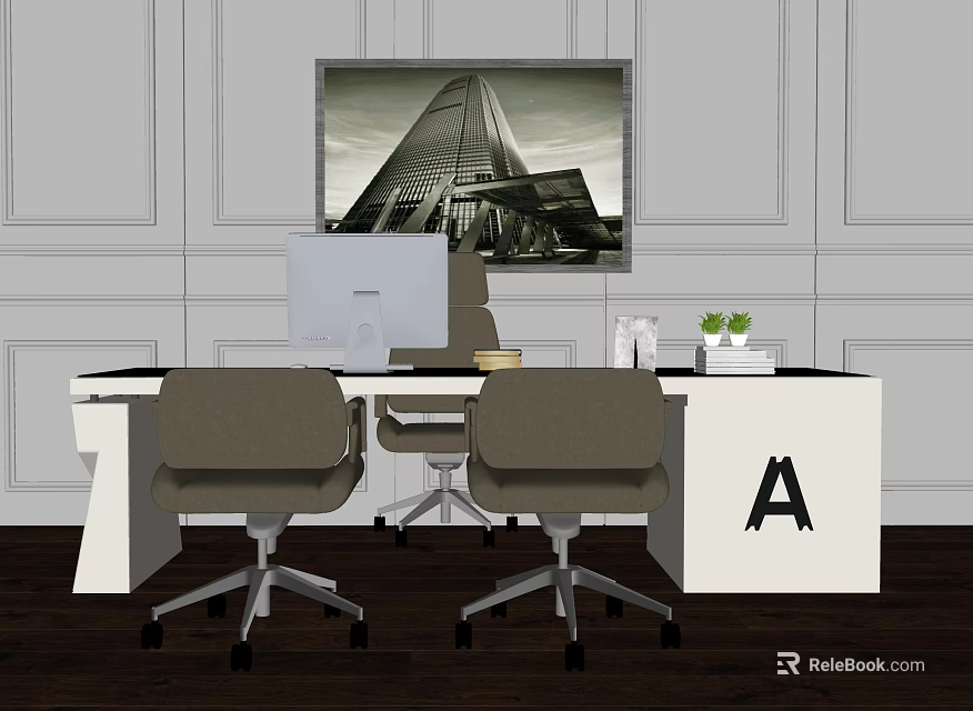 Modern Office Desk Setup With Computer Monitor Two Chairs Green Plant And Painting 3d model 