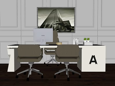 Modern Office Desk Setup With Computer Monitor Two Chairs Green Plant And Painting 3d model