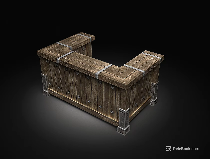 Wooden L Shaped Storage Furniture With Metal Straps And Sturdy Structure 3d model 