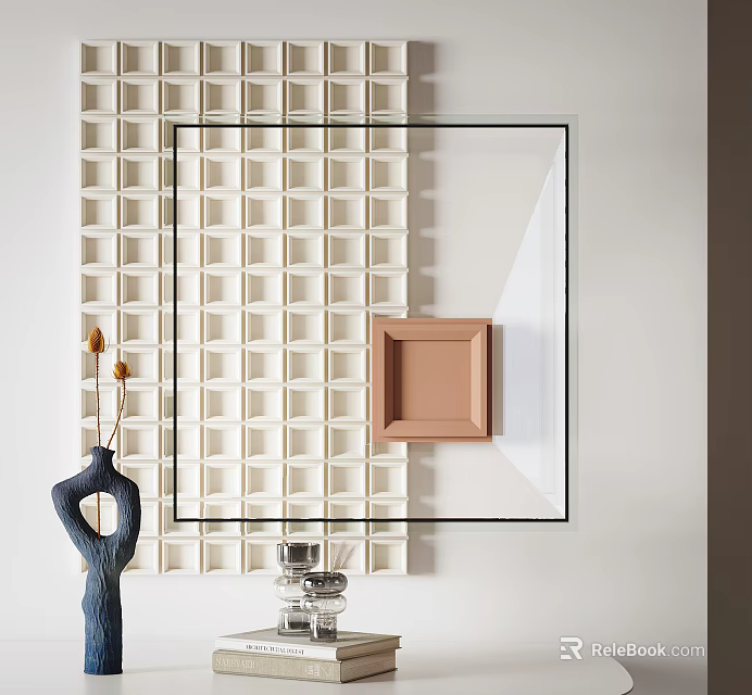 Modern White Grid Pattern Wall Decor with Geometric Blocks and Minimalist Design Elements 3d model