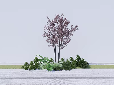Arbor With Pink Flowers Two Trunks Surrounded By Green Shrubs And Plants On White Ground 3d model