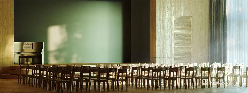 School Classroom Interior With Rows of Wooden Chairs Green Blackboard and Wooden Decorated Walls 3d model 