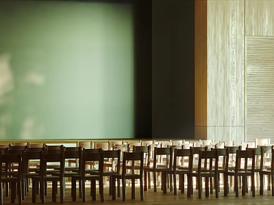 School Classroom Interior With Rows of Wooden Chairs Green Blackboard and Wooden Decorated Walls 3d model