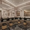 Modern Luxury Restroom Vanity Space With Marble Walls Large Mirrors And Wooden Stools