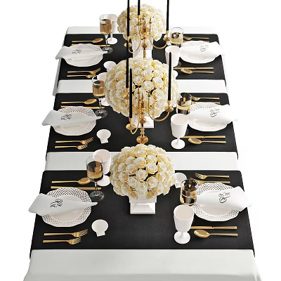 Elegant Dinnerware Set With Black Tablecloth White Stripes Gold Cutlery Napkins And Gold Candle Holders 3d model