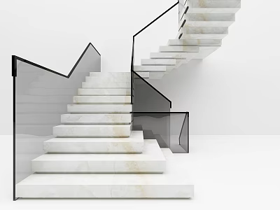 Modern Staircase Design With Marble Steps Black Handrail And Glass Railing 3d model