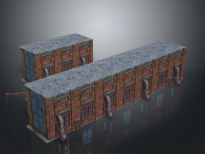 Industrial Red Brick Buildings With Gray Roof And Multiple Rectangular Windows 3d model