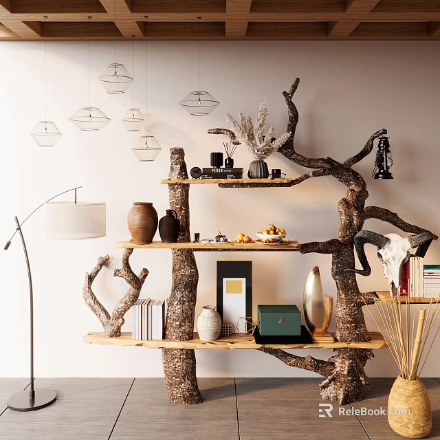 Decorative Ornament Arrangement On Natural Branch Shaped Shelves With Clay Pots Photo Frame And Books 3d model 
