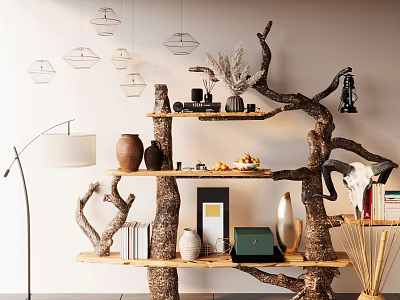 Decorative Ornament Arrangement On Natural Branch Shaped Shelves With Clay Pots Photo Frame And Books 3d model