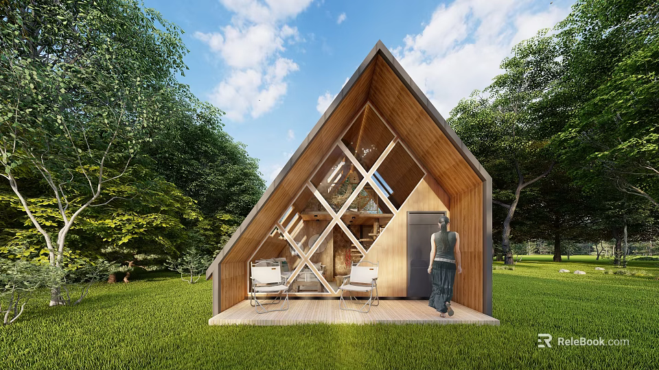 Wooden A-frame Cabin in Scenic Green Surroundings With Outdoor Porch and Chairs 3d model 
