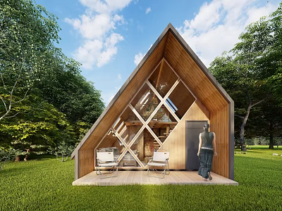 Wooden A-frame Cabin in Scenic Green Surroundings With Outdoor Porch and Chairs 3d model