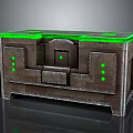 Industrial Equipment Console With Green Glowing Top Panel And Metal Frame Side Control Buttons