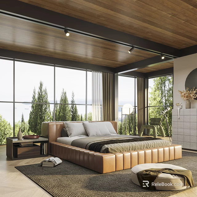Modern Bedroom Interior With Wooden Ceiling Large Windows Trees Outside Leather Bed And Rug 3d model 