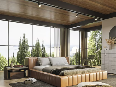 Modern Bedroom Interior With Wooden Ceiling Large Windows Trees Outside Leather Bed And Rug 3d model